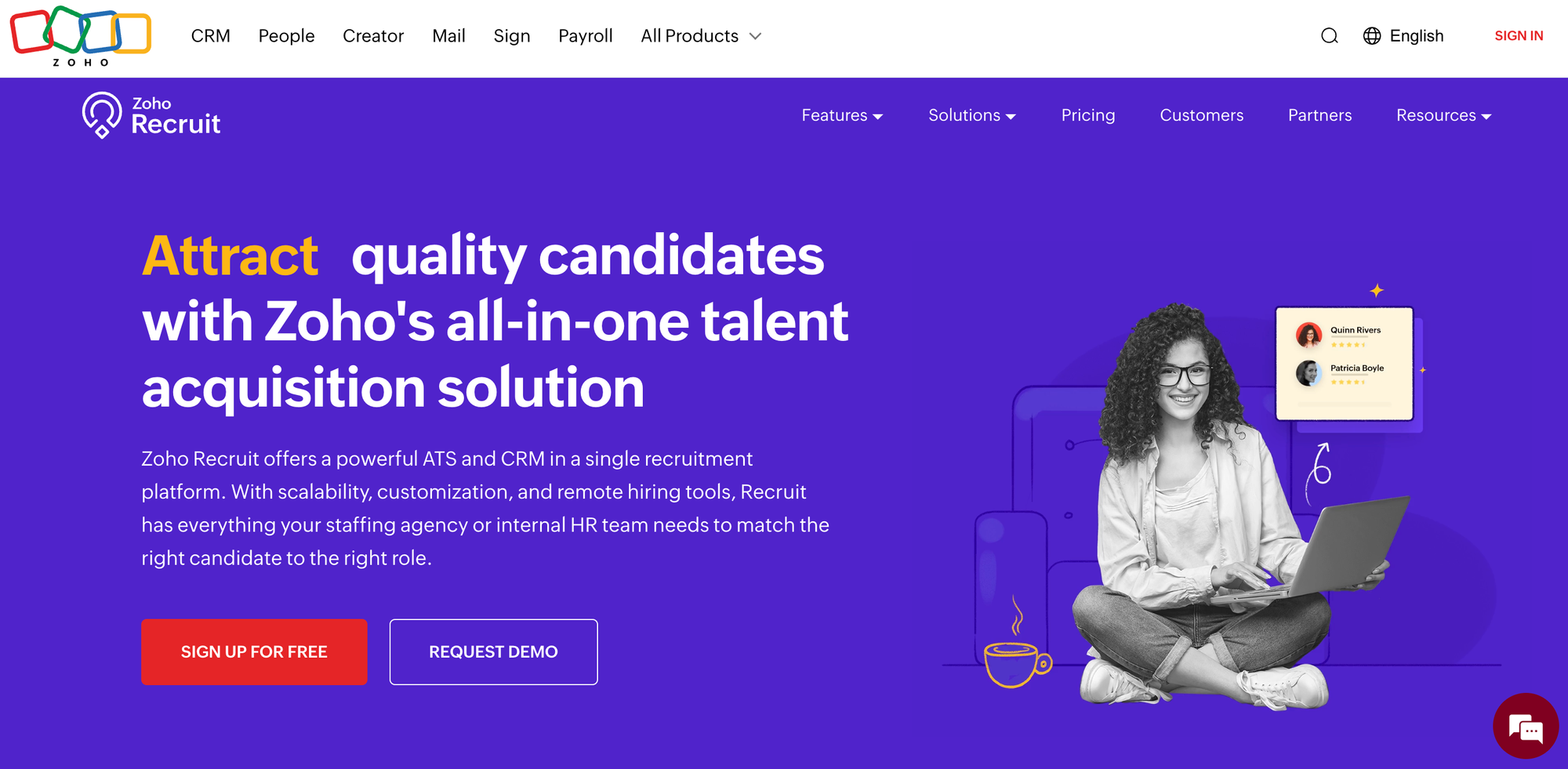 Zoho Recruit landing page