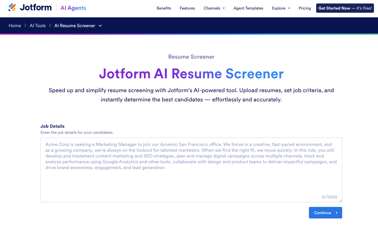 jotform ai resume screener website