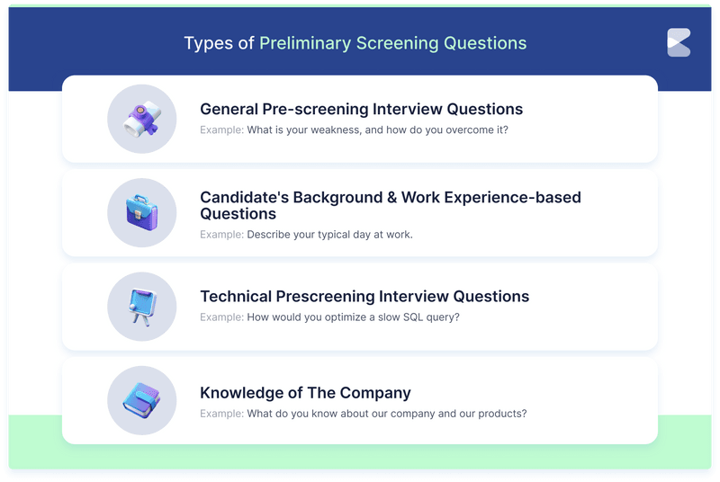 list of types of preliminary screening questions with exmpales