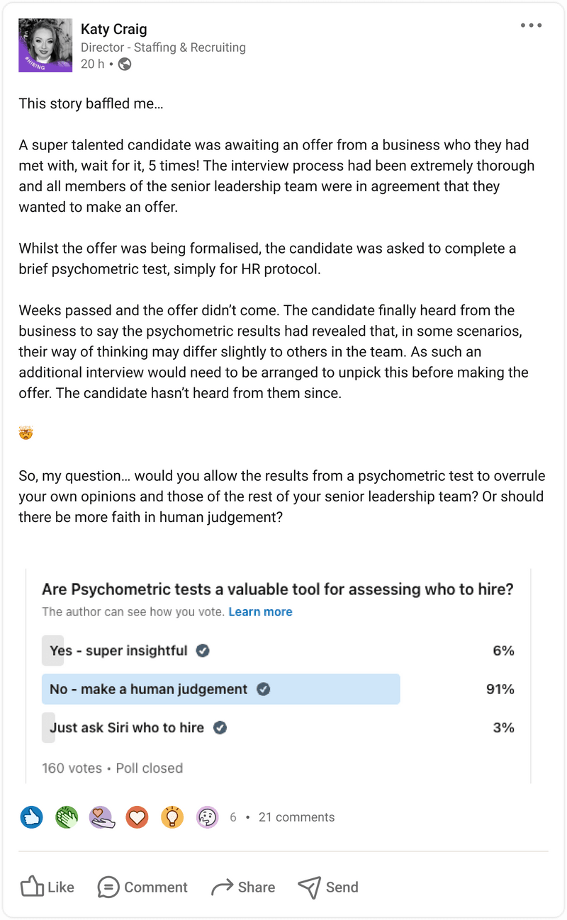 Use human judgement instead of psychometric tests